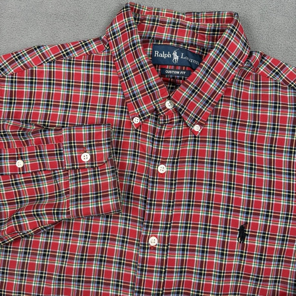 Ralph Lauren Button Down‎ Shirt Men's L Red Green Plaid Long Sleeve Custom Fit